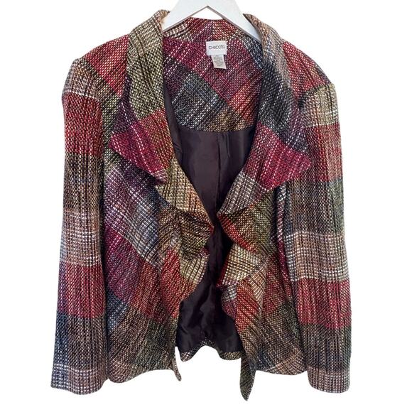 Chico’s Multi Plaid Open Front Tweed Jacket Size 3 - Picture 1 of 5